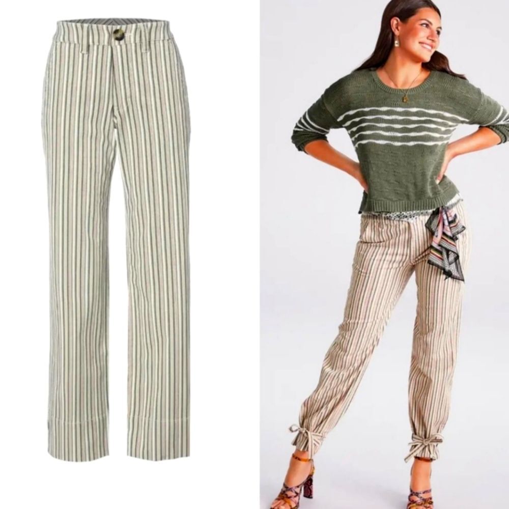CAbi Striped Linen-Blend Pants in Olive & Cream